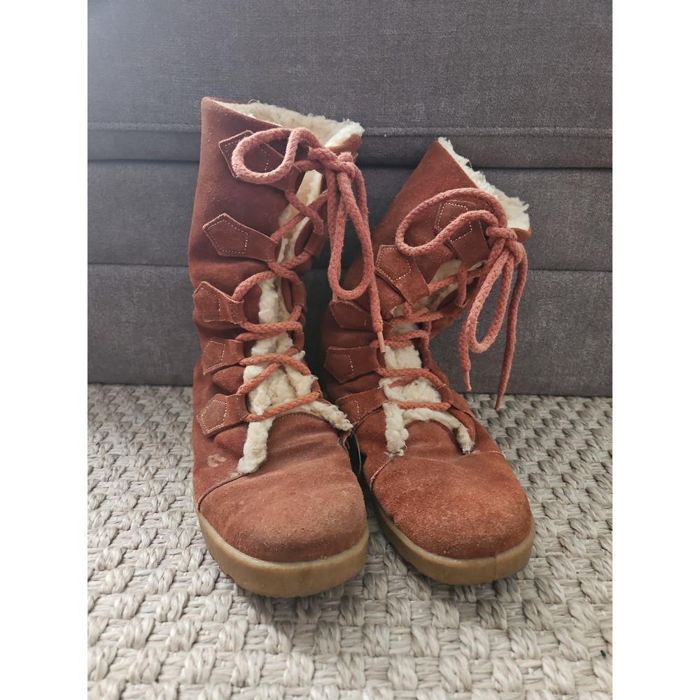 Vintage 70s Suede Shearling Lace Up Boots Made in USA Tan Rust Boho Size 7